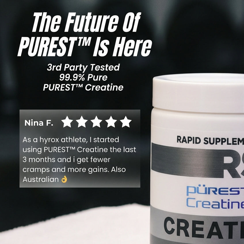 Rapid Supplements Purest Creatine container with promotional text on a dark background